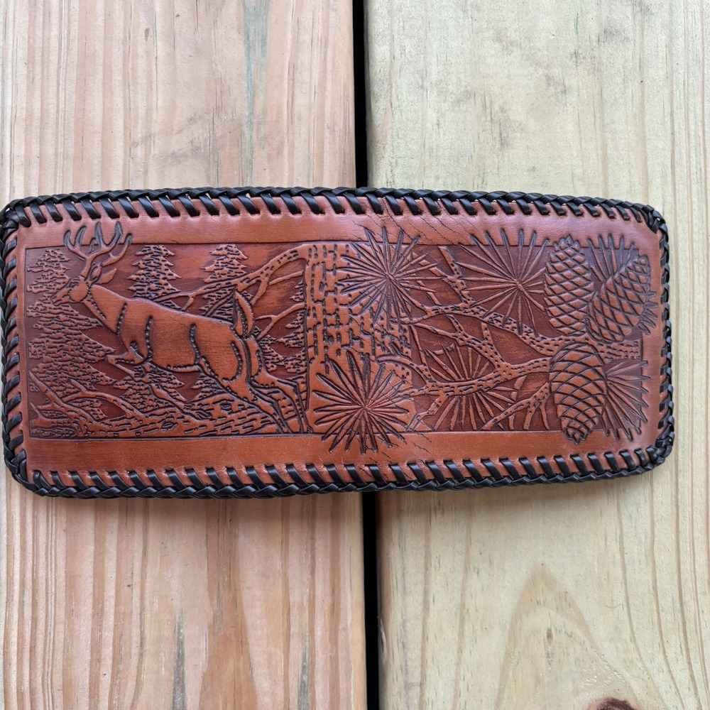 Vintage BiFold Leather Wallet Deer Hunting Whipstitch Hand Tooled Handmade USA